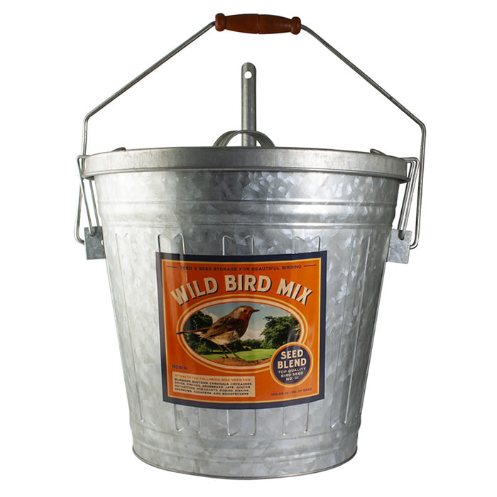 Wild Bird Seed Storage Bucket with Seed Scoop, featuring a metal bucket with a handle, double locking lid, and a colorful Wild Bird Mix label.