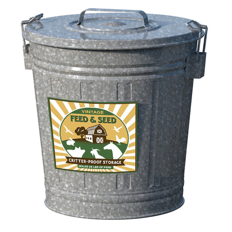 Galvanized Sunflower Seed Storage Container with a locking lid and Feed and Seed label, designed to hold 25 lbs. of bird seed and keep critters out.