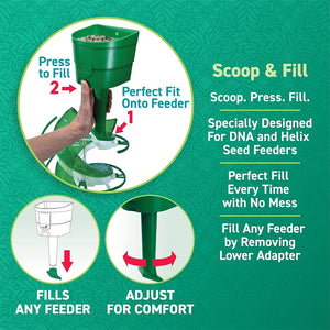 Green seed scoop with instructions on a green background