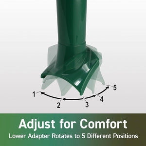 Green lower adapter of a seed scoop with adjustable positions on a white background