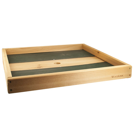 Pole Seed Tray with Mounting Bracket, a wooden box with a green board and hole, designed to attract birds and catch scattered seeds, featuring metal mesh drainage.