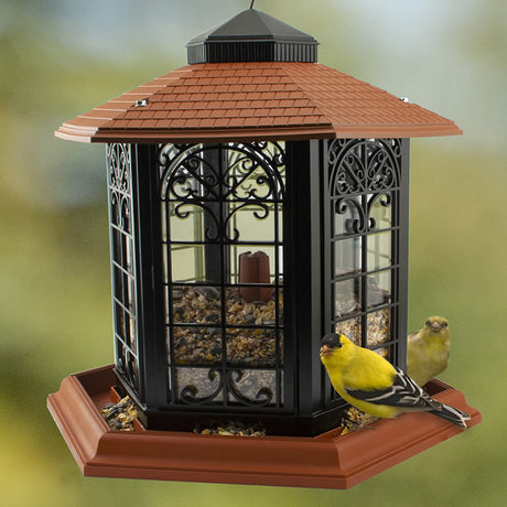 Rustica Italia Plastic Gazebo Feeder with a yellow canary perched on it, featuring six feeding openings and decorative scrollwork.