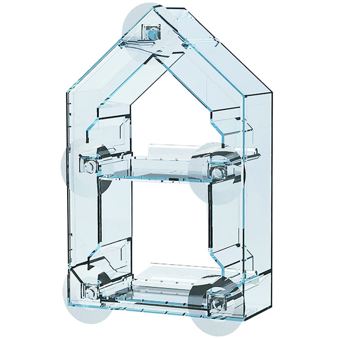 Sneak-A-Peek Window Mount Feeder with clear polycarbonate construction, two levels, and five suction cups for easy window attachment. Features retractable feeding trays and one-way mirror for bird watching.