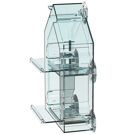 Sneak-A-Peek Window Mount Feeder with two levels, retractable trays, and a one-way mirror for close-up bird viewing. Attaches to window with five suction cups.