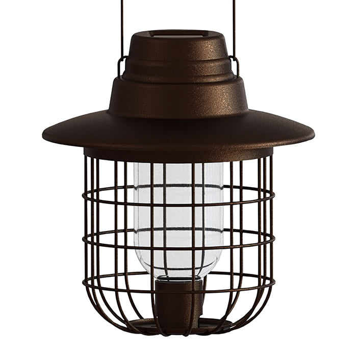 Modern Farmhouse Solar Barn Cage Light Seed Feeder, featuring a wire cage design with a solar light on top, visible glass components, and bird feeding areas.