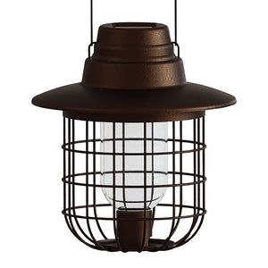 Modern Farmhouse Solar Barn Cage Light Seed Feeder, featuring a wire cage design with a solar light on top, visible glass components, and bird feeding areas.