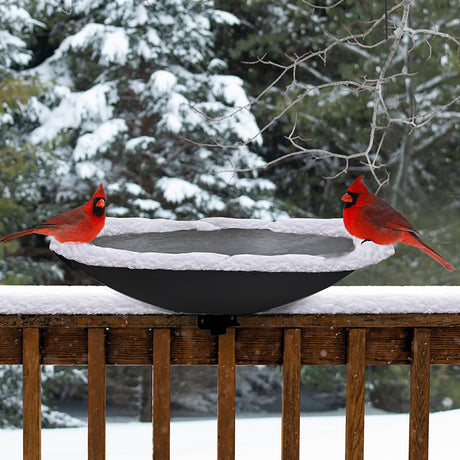 20 Heated Deck Mount Bird Bath on a snowy deck with two red birds, featuring a thermostatically controlled, ice-free design, and easy-clean tilting basin.