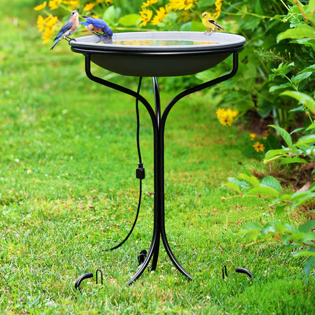 20 Heated Bird Bath with Metal Stand featuring a shallow, textured slate basin, automatic thermostat, and a built-in heater. Easy to clean and assemble.