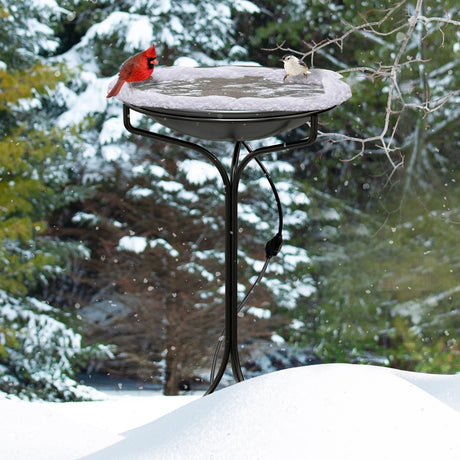 20 Heated Bird Bath with Metal Stand featuring a red cardinal and chickadee. Snowy basin with visible electric cord for winter use.
