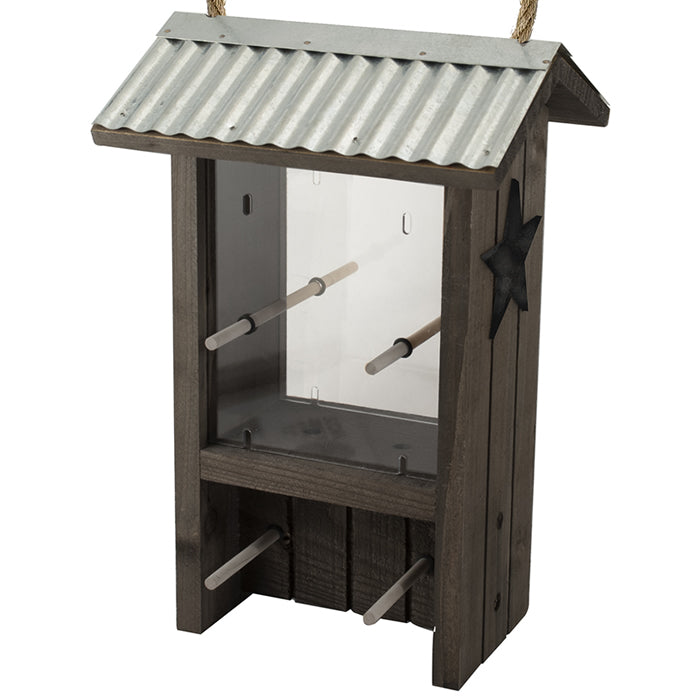 Rustic Farmhouse Finch Feeder: Wooden bird feeder with glass window, galvanized metal roof, rope hanger, and decorative wooden stars. Features 8 feeding stations and a 1.5 lb. capacity.