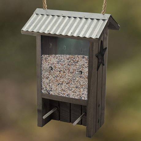 Rustic Farmhouse Finch Feeder with galvanized metal roof, wooden stars, and clear plastic sides. Features rope hanger and 8 feeding stations for small birds.