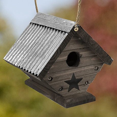 Rustic Farmhouse Wren House with a decorative wooden star, featuring a 1-1/4 inch entry hole, rope hanger, and unfinished galvanized metal roof.