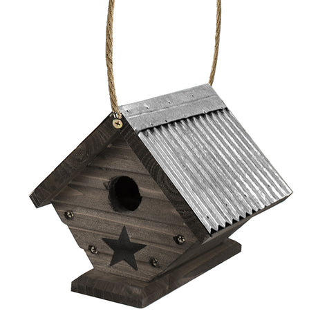 Rustic Farmhouse Wren House with star, wood finish, 1-1/4 inch entry hole, galvanized metal roof, rope hanger, and ventilation.