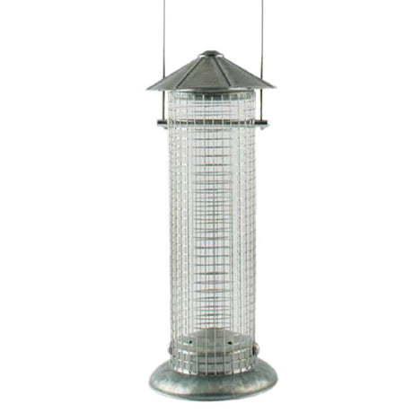 Rustic Farmhouse Silo Sunflower Seed Feeder featuring a cylindrical wire mesh design for easy bird feeding, holds 1/2 lb. of sunflower seeds or peanuts.