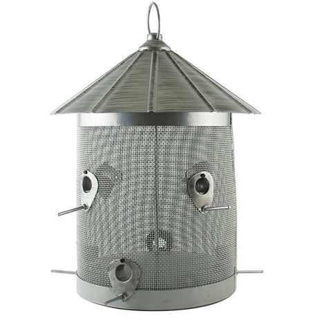 Rustic Farmhouse Galvanized Silo Combo Seed Feeder with roof, 8 feeding ports, and two seed compartments; holds 10 lbs. of seed.