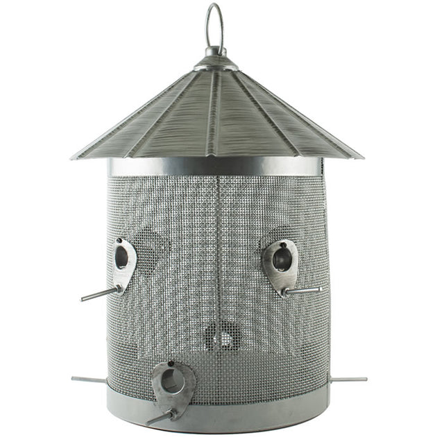 Rustic Farmhouse Galvanized Silo Combo Seed Feeder with roof, 8 feeding ports, and two seed compartments; holds 10 lbs. of seed.