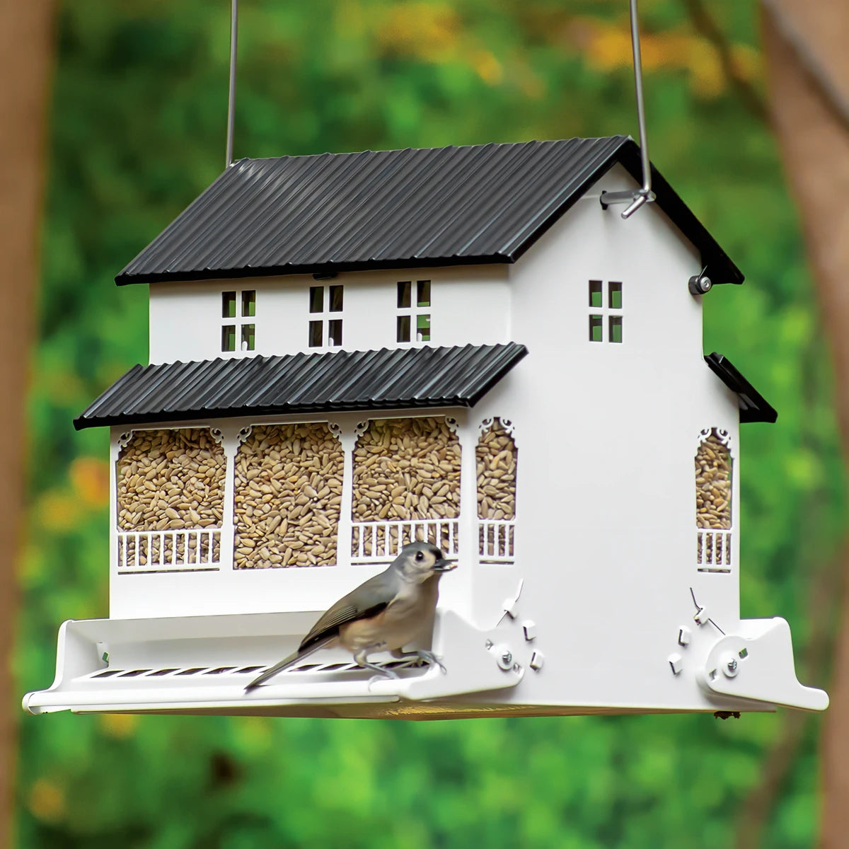 Absolute White Farmhouse Squirrel-Resistant Feeder with a bird perched on it, filled with sunflower seeds. Metal roof and weight-sensitive perches visible.