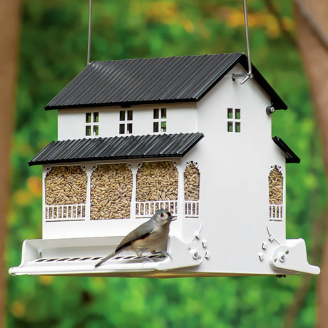 Absolute White Farmhouse Squirrel-Resistant Feeder with a bird perched on it, filled with sunflower seeds. Metal roof and weight-sensitive perches visible.