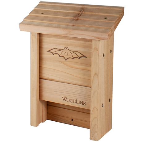 Wooden Bat House DIY Craft Kit featuring a bat logo, designed for easy assembly with a grooved landing area, providing shelter for up to 15 bats.