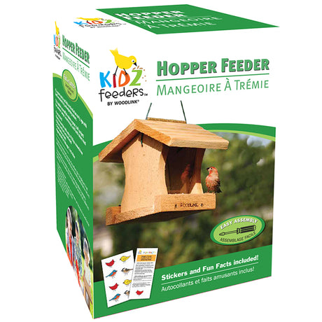 Hopper Feeder DIY Craft Kit with a box displaying a bird feeder. Includes clear sides, cable hanger, and stickers. Perfect for family fun and bird watching.