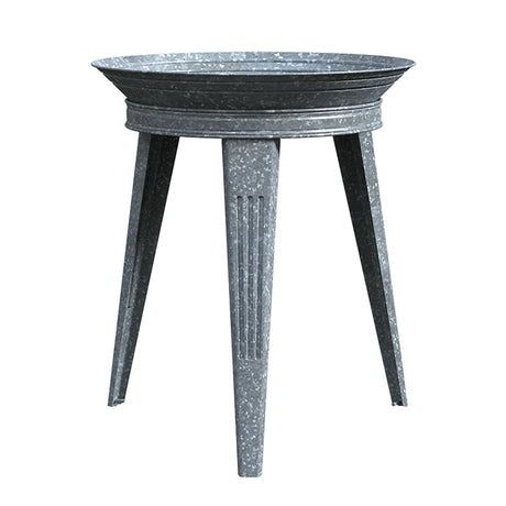 Vintage Galvanized Metal Bird Bath: a shallow, circular dish on a three-legged stand, perfect for birds to drink and preen; made of galvanized steel.