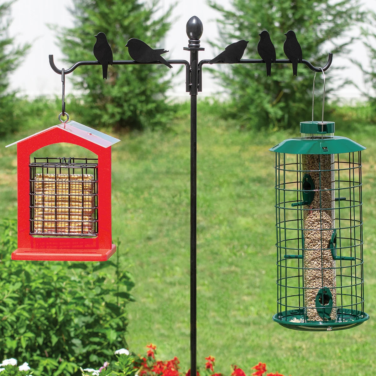 Perching Birds Clamp-On Deck Hook with two metal arms holding bird feeders, featuring decorative bird silhouettes and an adjustable clamp for secure deck attachment.