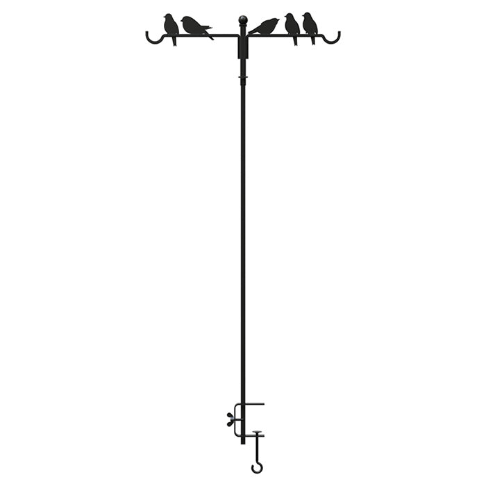 Perching Birds Clamp-On Deck Hook with decorative bird silhouettes, featuring two arms for feeders, a secure adjustable clamp, and a black powder-coated metal finish.