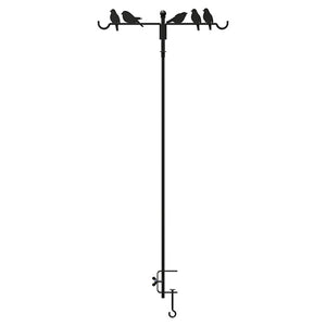 Perching Birds Clamp-On Deck Hook with decorative bird silhouettes, featuring two arms for feeders, a secure adjustable clamp, and a black powder-coated metal finish.