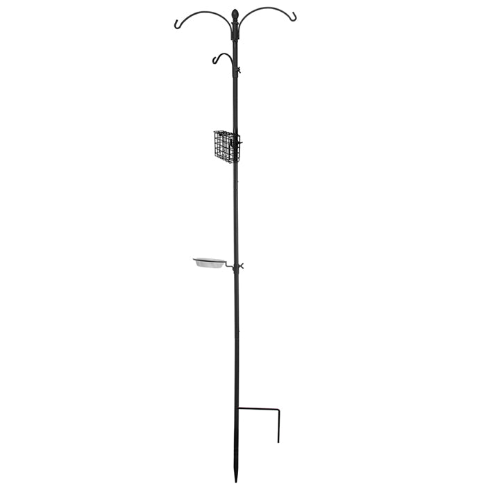 Basic Two Way Bird Feeding Station with four hangers, suet cage, and birdbath dish on an 85-inch black pole.