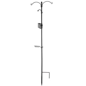 Basic Two Way Bird Feeding Station with four hangers, suet cage, and birdbath dish on an 85-inch black pole.