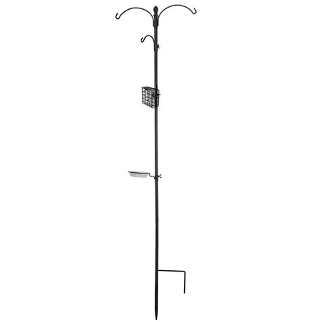 Basic Two Way Bird Feeding Station with four hangers, suet cage, and birdbath dish on an 85-inch black pole.