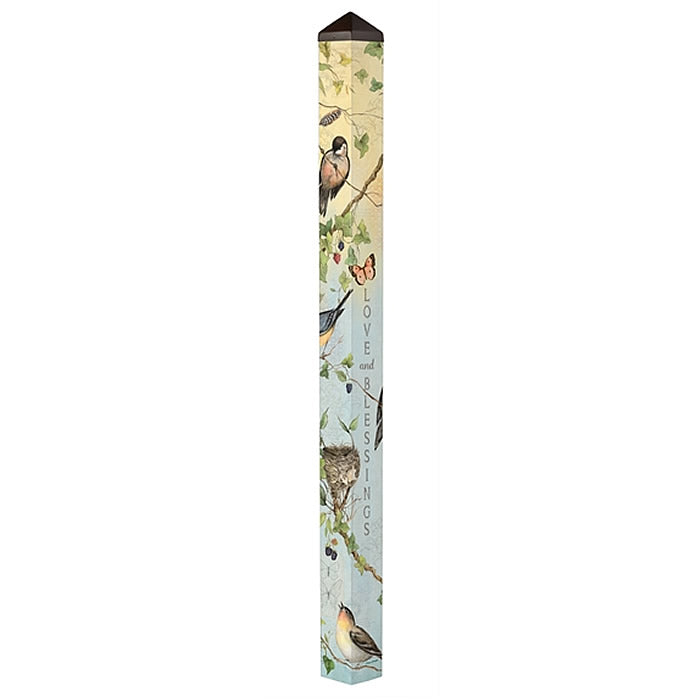 Love and Blessings 6' Art Pole featuring bird and butterfly illustrations with words home, place of rest, and love and blessings. Durable, all-weather PVC.