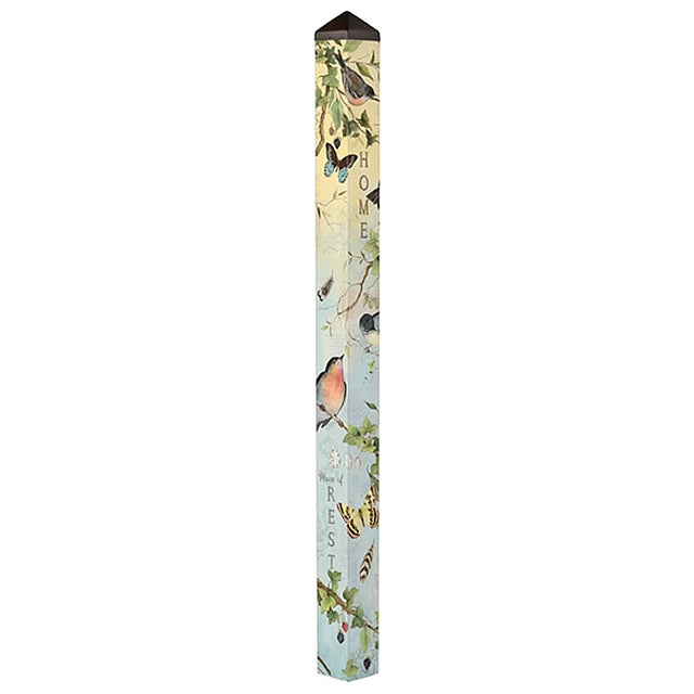 Love and Blessings 6' Art Pole featuring detailed bird illustrations and inspirational words, made of durable, all-weather PVC for your garden.