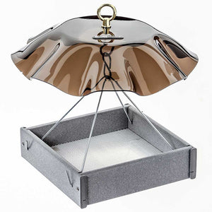 Gray Platform Feeder with Smokey Weather Guard featuring a metal mesh tray and glass umbrella, designed to attract and protect various birds from weather elements.