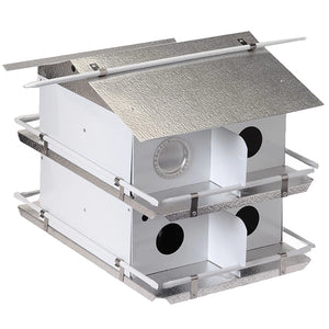 Coates 8-Room Purple Martin House, assembled with a metal reflective roof, guard rails, and hinged clean-out doors, designed for proper ventilation and easy mounting.