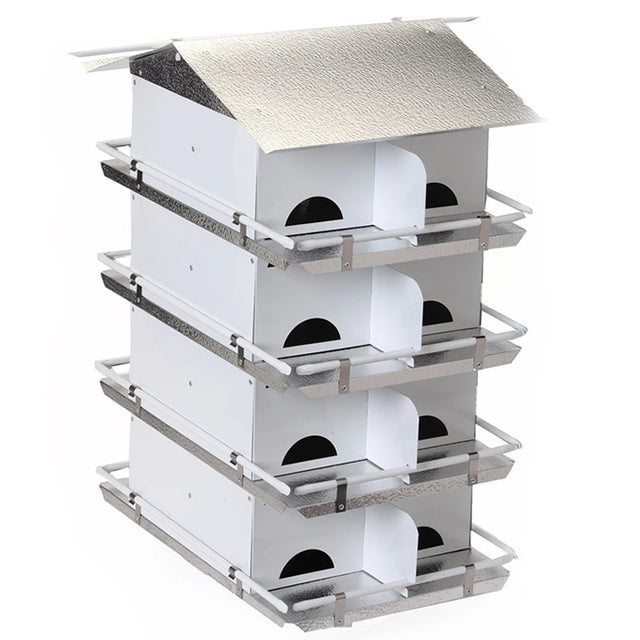 Coates Starling Resistant 16-Room Purple Martin House, Assembled, featuring four floors with protective guard rails and a reflective roof, stacked in a display.