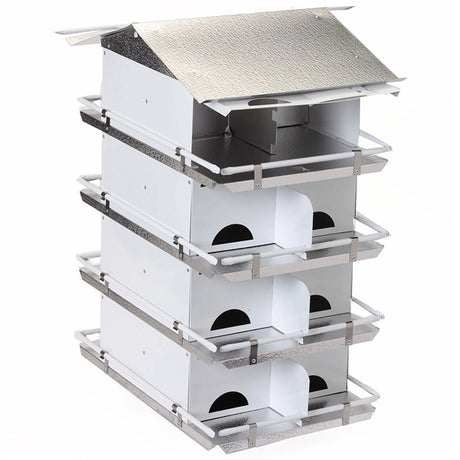 Coates Starling Resistant 16-Room Purple Martin House: A white, multi-floor birdhouse with guard rails, hinged doors, and an aluminum base plate, fully assembled.