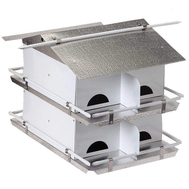 Coates Starling Resistant 8-Room Purple Martin House, featuring a reflective roof and guard rails, fully assembled for easy installation.