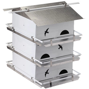 Coates Watersedge Starling Resistant 6-Room Purple Martin House, factory-assembled, featuring three floors, guard rails, and a reflective roof for backyard insect control.