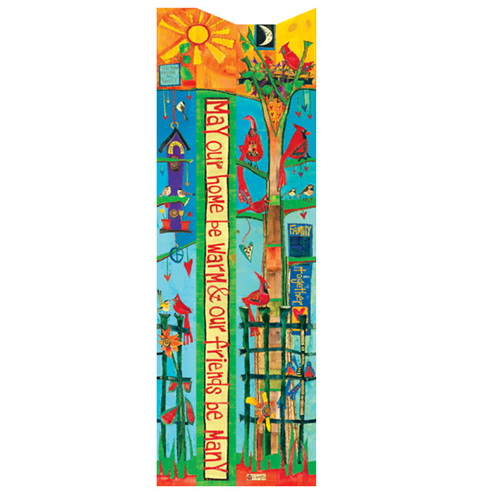 Friends Birdhouse Pole featuring vibrant art by Stephanie Burgess, with a metal portal protector, fledgling ladder, and durable PVC post for nesting birds.