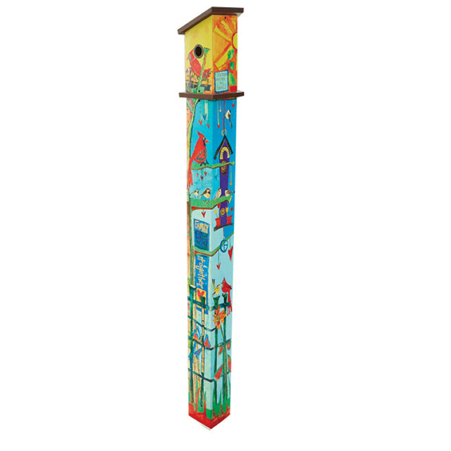 Friends Birdhouse Pole: A colorful birdhouse atop a 72-inch PVC post, featuring vibrant art and a 1.5-inch entry hole with a metal portal protector.