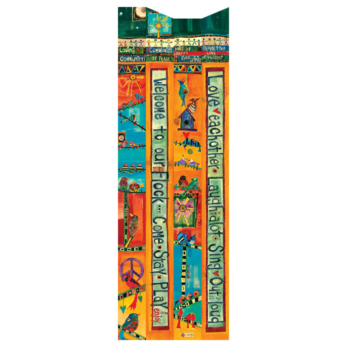 Welcome Birdhouse Pole with vibrant garden-themed illustrations, featuring bird-friendly designs, metal portal protector, and a sturdy PVC post for easy installation and long-lasting use.