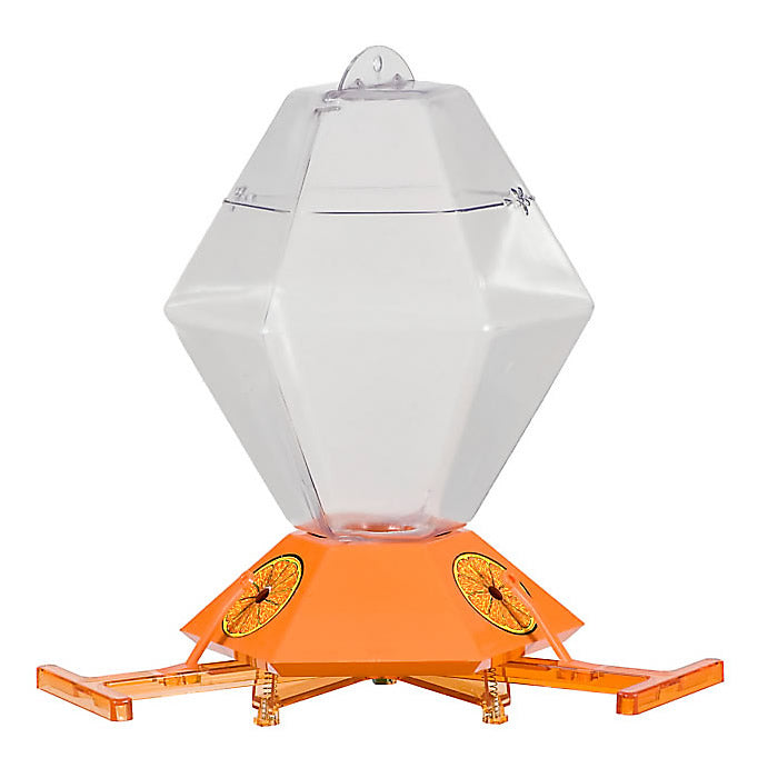 Deluxe Oriole Nectar Feeder with orange handles, clear plastic body, and weight-sensitive perches for orioles. Shatter-resistant with decorative orange slice stickers.