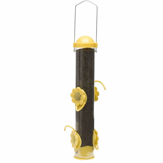 Yellow Select-A-Finch Tube Feeder with four adjustable feeding ports, yellow flower-shaped perches, and a translucent tube to monitor Nyjer® seed levels.