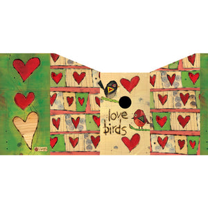 Love Birds Birdhouse with painted hearts and birds, featuring a metal predator guard, fledgling ladder, and eye hook for hanging. Durable and weather-resistant.