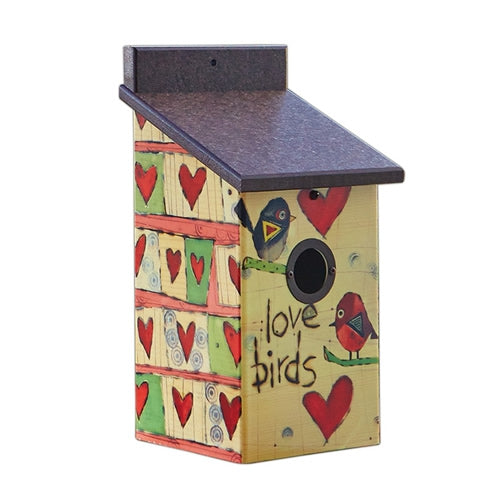 Love Birds Birdhouse featuring heart and bird illustrations, metal predator guard, fledgling ladder, ventilation, drainage, and hanging hook. Durable and easy to clean.