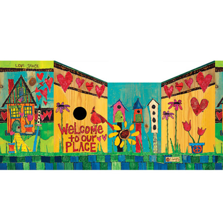 Welcome to Our Place Birdhouse with illustrated flowers and birds, featuring a red cardinal, predator guard, fledgling ladder, and durable PVC construction.