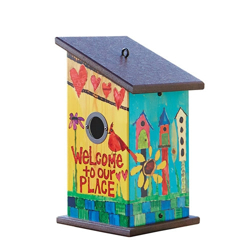 Welcome to Our Place Birdhouse featuring a red cardinal illustration, metal predator guard, and ventilation, with an eye hook for hanging.