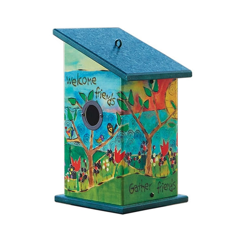 Gather Friends Birdhouse featuring a blue roof, colorful landscape illustrations, metal predator guard, and eye hook for hanging. Includes a 1.5-inch entry hole.