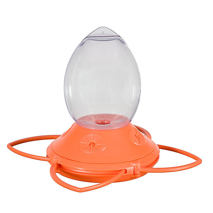 Oriole Nectar Feeder, 32 oz., features a clear reservoir, orange base, adjustable perches, bee guards, and decorative orange slice designs around four feeding ports.